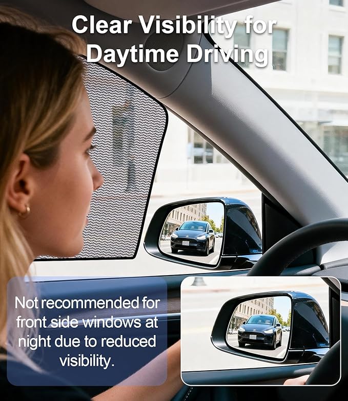 Tesla Model Y 2020-2024 Side Window Shades, Clear Front Half-Window & Semi-Transparent Rear Covers, Static Cling Easy Install, Glare Reduction & Daytime Privacy, Not for 2025-2026 Juniper