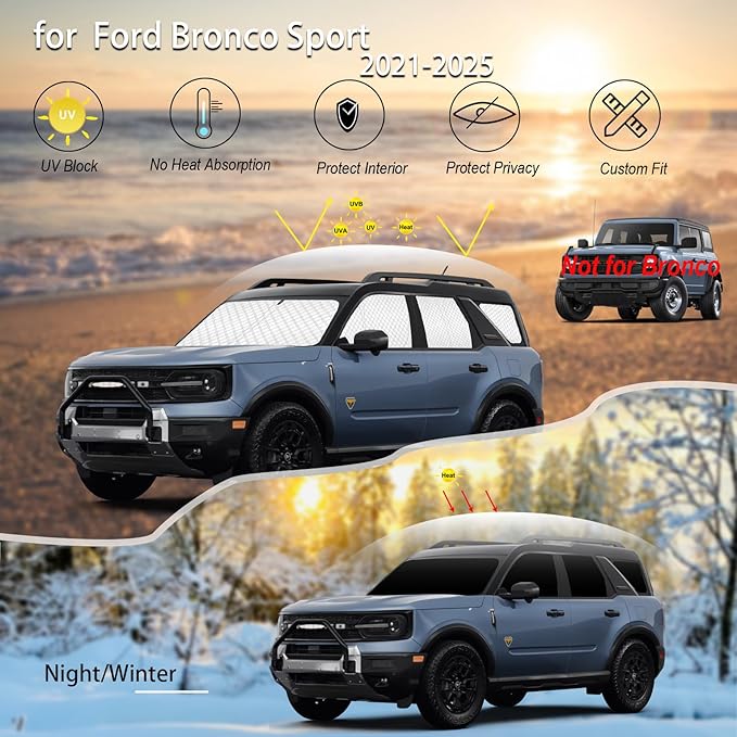 KMF 8pcs Thicken Sun Shades for Ford Bronco Sport 2021-2025 2026 Accessories, Custom Fit Full Car Window Covers Sunshade for Windshield Side Rear, UV Block and Blackout Privacy for Camping Outdoor