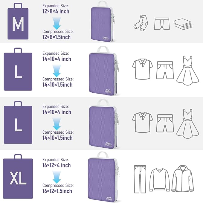 4 Set Compression Packing Cubes, Suitcase Organizer, Lightweight Travel Essentials, Compression Bags For Travel Accessories L