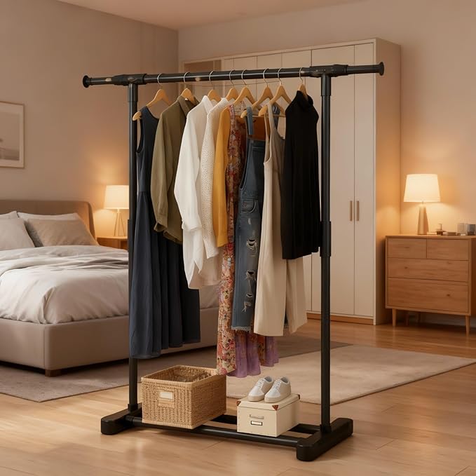 Clothes Rack for Hanging Clothes, Metal Portable Garment Rack with Bottom Storage Shelf, Metal Portable Wardrobe Rack for Coa