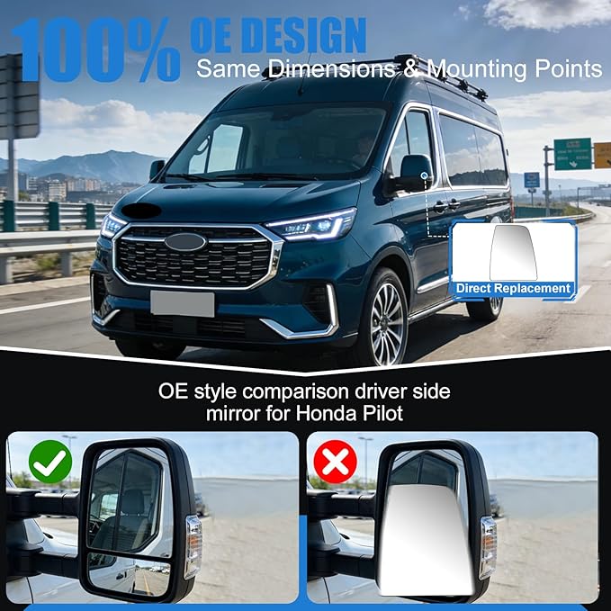 Passenger Side Upper Mirror Glass for 2015-2023 Ford Transit 150 250 350 HD - Heated OE Replacement with Backing Plate, Fits CK4Z-17K707-C, Right Side Mirror for Van, Anti-Vibration Mirror