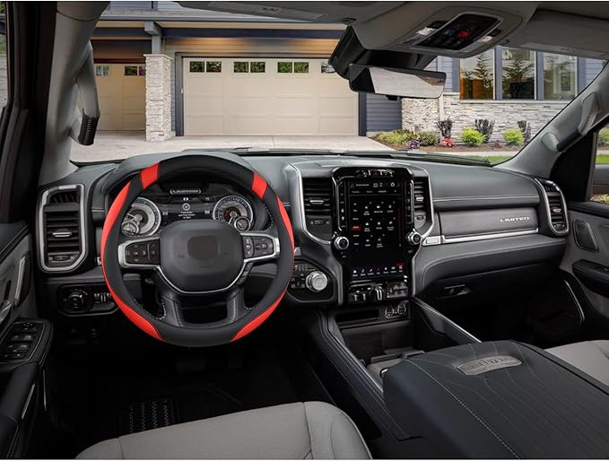 West Llama Customized Auto Car Steering Wheel Cover for Dodge RAM 1500 2500 3500, 15.5-16 inch (Black+Red-Large Size)
