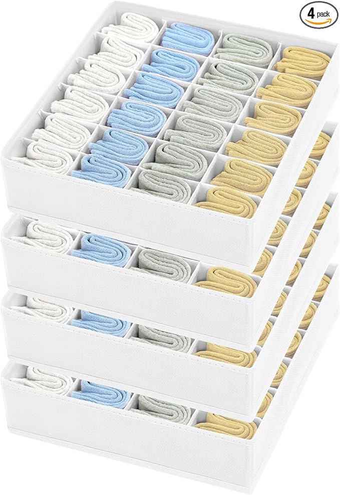 Sock Organizer 4 Pack, 24 Cell Foldable Underwear & Sock Storage, Drawer Organizer for Ties, Belts. (White)