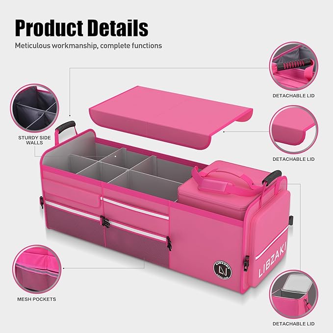 LIBZAKI Oversize 4 in 1 Car Trunk Storage Organizer, Multi Compartment Collapsible Trunk Storage Box with Cooler Bag for Car