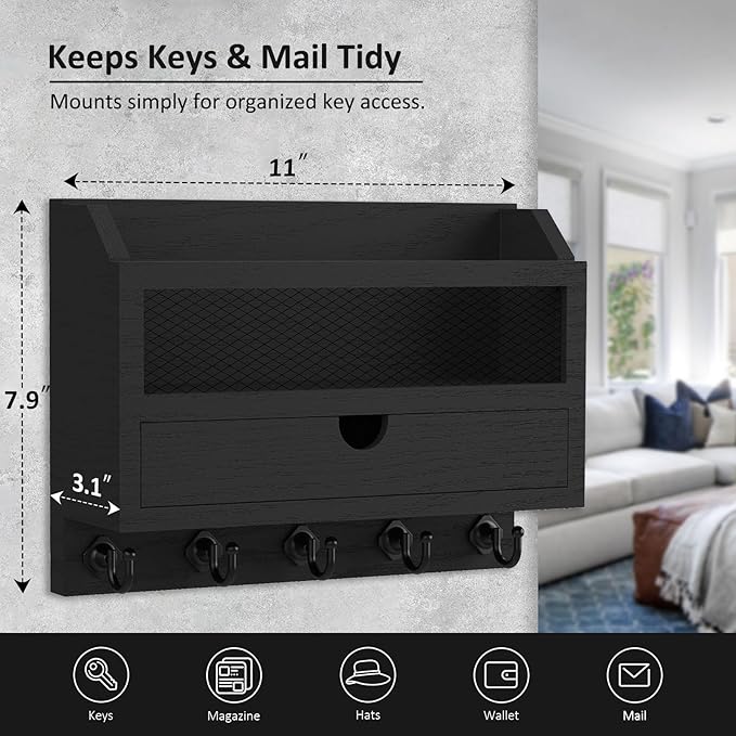 Nekon Key and Mail Holder for Wall, Key Organizer with 5 Hooks & Storage Drawer, 11" W x 7.9" H x 3.1" D Wooden Key Rack for 