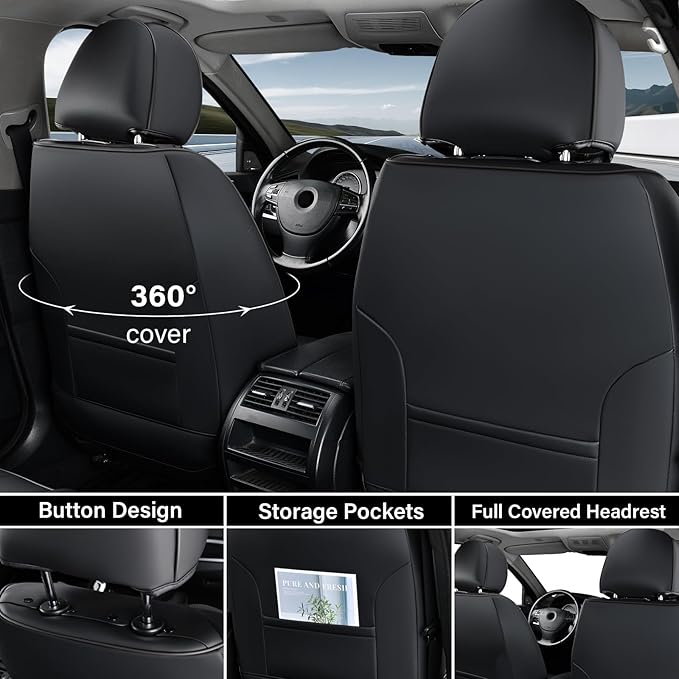 Coverado Car Seat Covers Full Set, Black Gray Seat Covers for Cars, Waterproof Nappa Leather Automotive Seat Covers with Lumb