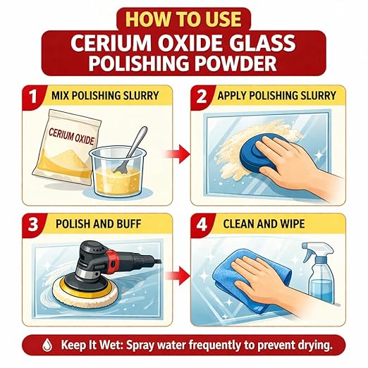 1Lb (453g) 99% Cerium Oxide Glass Polishing Powder (7-9 Um) – Removes: Oil Films, Water Spots, Swirl Marks, Wiper Streaks, Removes Fine Scratches & Deep-Cleans Glass Surfaces.