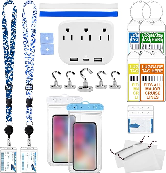 Cruise Essentials 2026 for Travel - Lanyards with ID Holders, Waterproof Phone Pouch, Luggage Tags, Cruise Power Strip, Cruis
