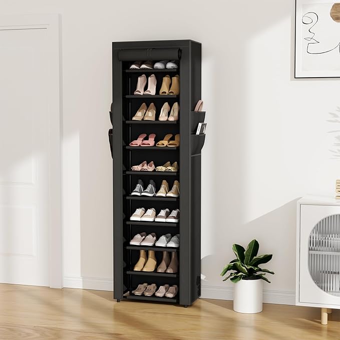 VTRIN Vertical Narrow Shoe Rack Organizer 10 Tier Tall Shoe Shelf Holds 20-22 Pairs with Non-Woven Dustproof Cover for Closet