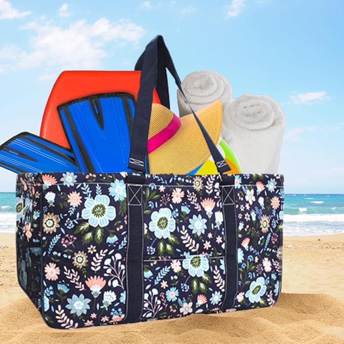 NGIL Extra Large Utility Tote Reusable Grocery Bag Oversized Collapsible for Groceries, Storage, Picnic, Beach (Pastel Floral-Navy)