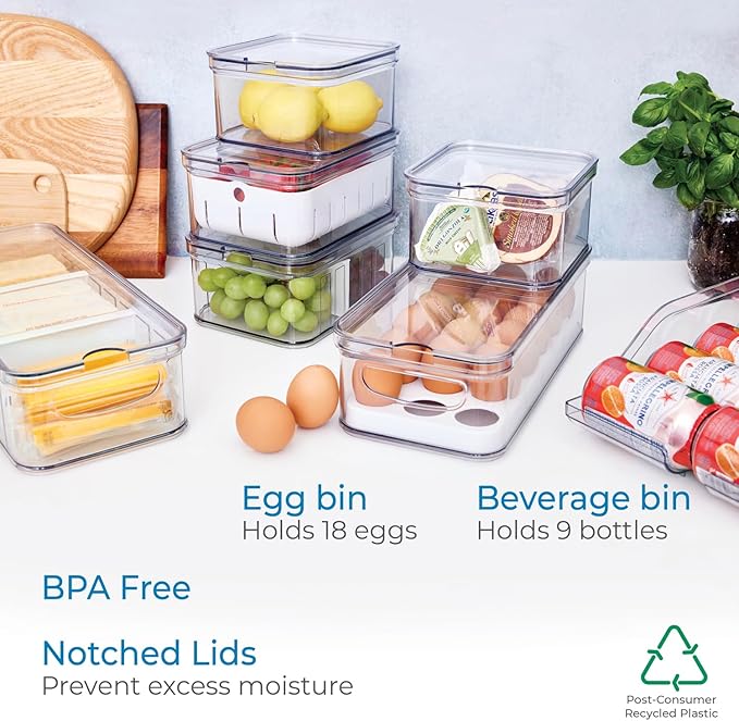 iDesign Crisp 7-Piece Recycled Plastic Refrigerator Organizer Bin Set with Lids, Clear/White
