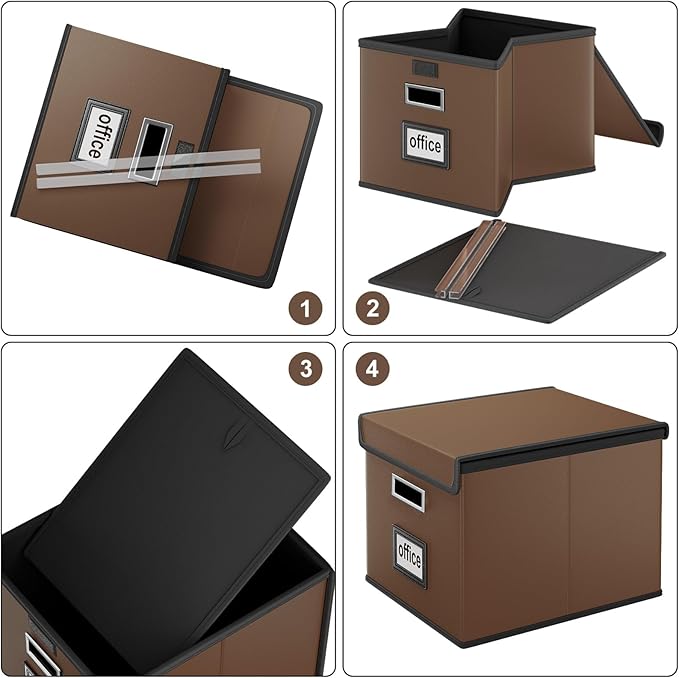 Huolewa File Organizer Box with Lid, Collapsible Leather File Folder Organizer for Office Document Storage, Filing Box with P