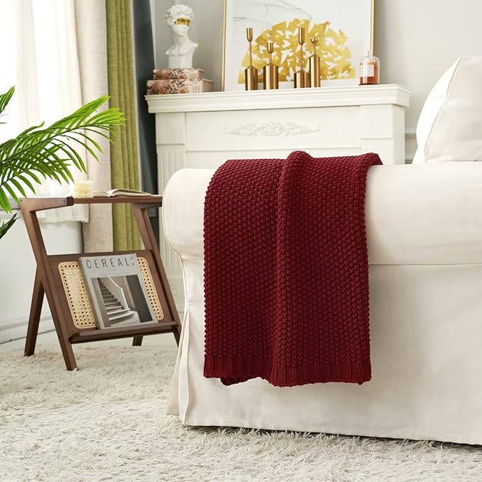 Longhui bedding Chunky Cable Knit Throw Blanket Lightweight Burgundy 100% Organic Cotton Blanket for Sofa Couch Bed Baby Nurs
