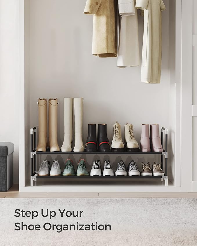 SONGMICS 2-Tier Shoe Rack, Shoe Storage for Hallway Closet, Slim and Space-Saving, Metal Frame, Non-Woven Fabric Shelves, Bla