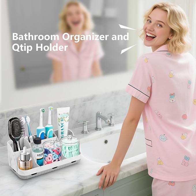 GFWARE Bathroom Toothbrush Holder Set with 2 Pack Qtip Holder Dispenser - Detachable 7 Slots Bathroom Accessory Set, Kids Mar