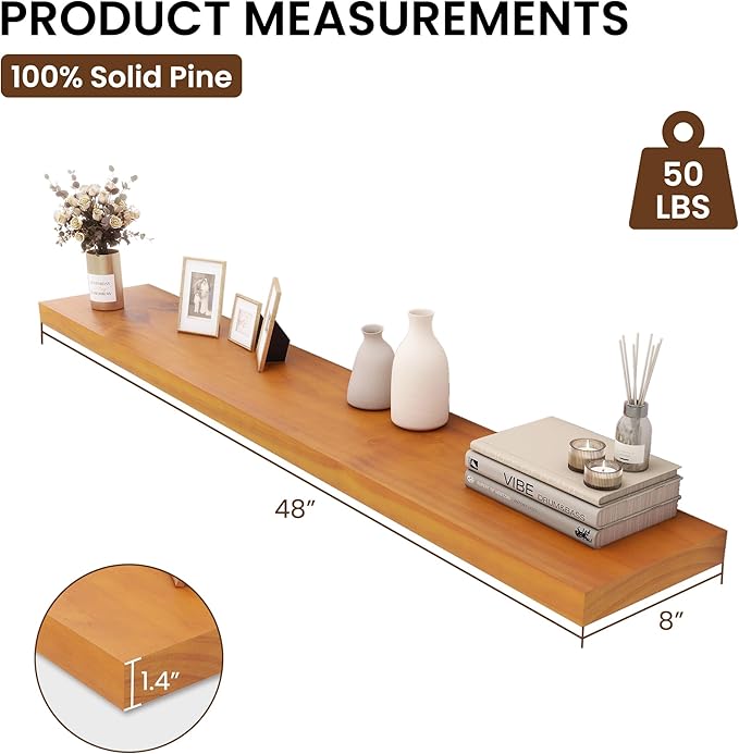 Vivelove Solid Wood Floating Shelves 48 Inches Long, 8”Deep x 1.4” Thick Wall Shelves for Bathroom, Living Room, Kitchen, Bed