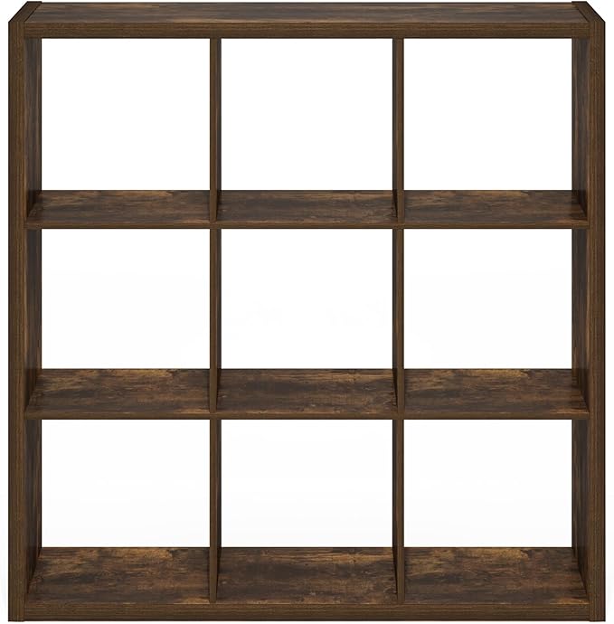 Furinno Cubicle Book Shelf, 9-Cube Bookshelf, Extra Thick Frame Reversible Bookcase with Open Back, 14.6" x 44" x 44", for Li