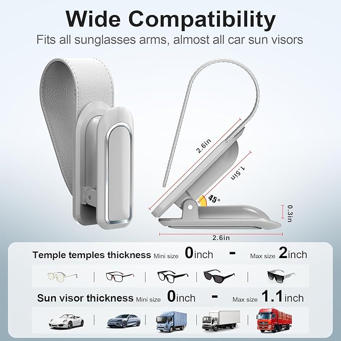 Veharvim Sunglass Holder for Car (2 Pack, One-Handed Operation, Gentle & Secure Hold, Silicone Padded, Universal Fits Sunglass and Car Visor) - Sunglasses Clip for Car Visor (Grey, 2 Pack)