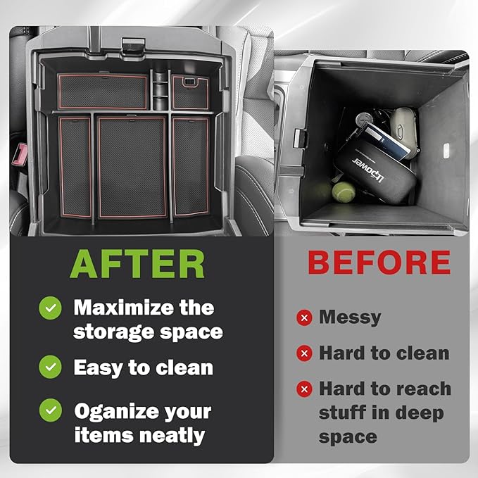 Muslogy Center Console Organizer For 2023-2026 Ford F250 F350 F450 Super Duty Accessories Custom Fit Storage Box Divider(Fit with OEM Tray), Fits Bucket Seats Only, Not for Work Surface Console(Brown)