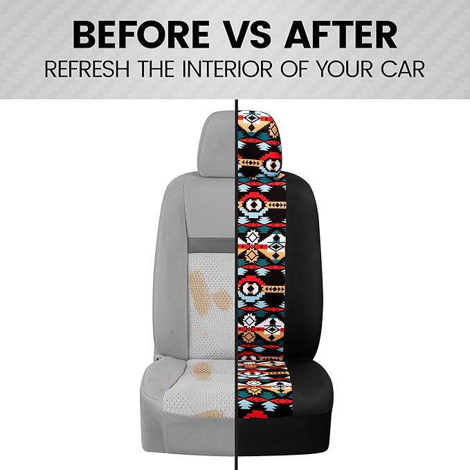 BDK Aztec Pattern Car Seat Covers for Front Seats, 2-Pack Geometric Print Front Seat Cover Set with Matching Headrest, Sidele
