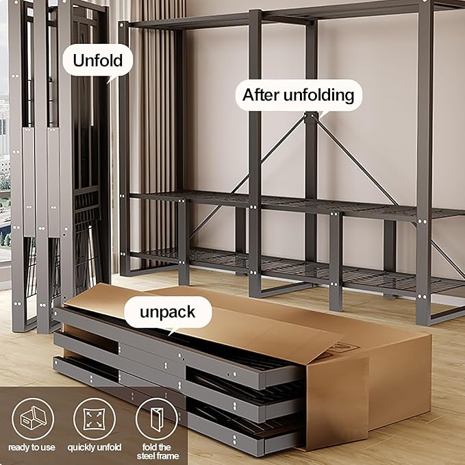 Foldable Closet Wardrobe For Hanging, Portable Closet Steel Simple Wardrobe Storage, Covered Clothes Rack, Metal Clothing Gar