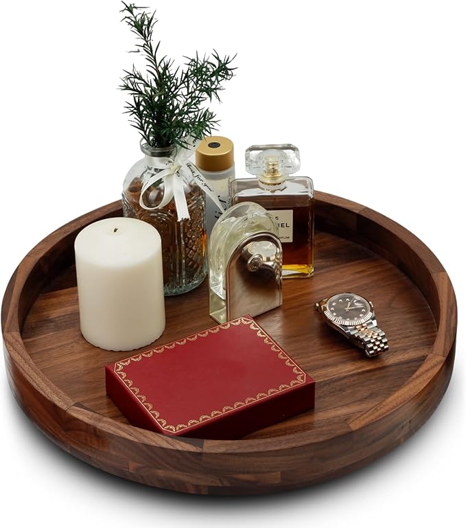 14 Inches Black Walnut Wood Lazy Susan Tray, Solid Wooden Round Kitchen Turntable Rotating Tray
