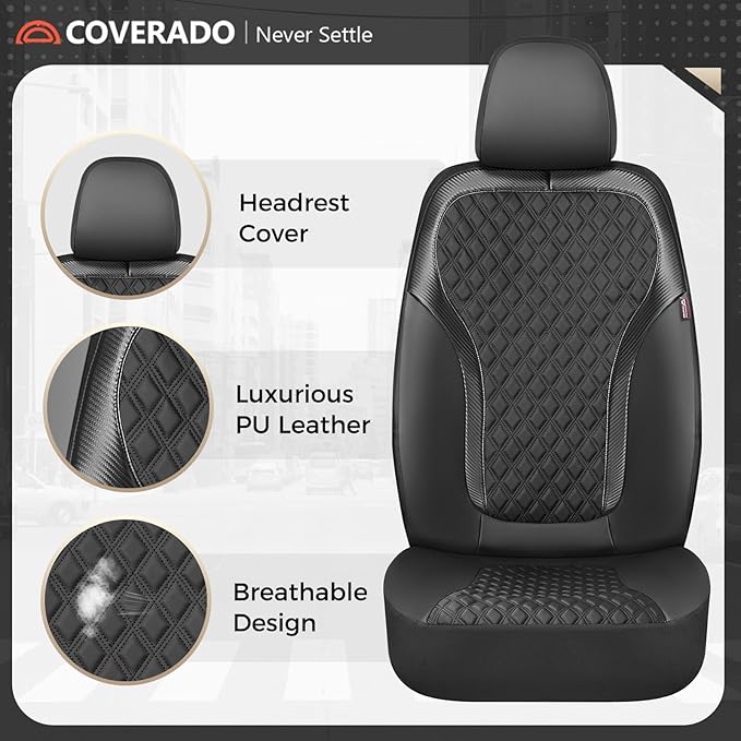 Coverado Seat Covers Full Set, Luxury Leather Car Seat Cover with Carbon Fiber Accents Design, Spill-Proof Durable Black Auto