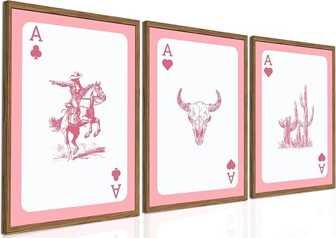 Western Cowboy Wall Art Set of 3 Southwestern Playing Card Wall Decor Pink Western Poster Canvas Prints Longhorn Bull Skull R