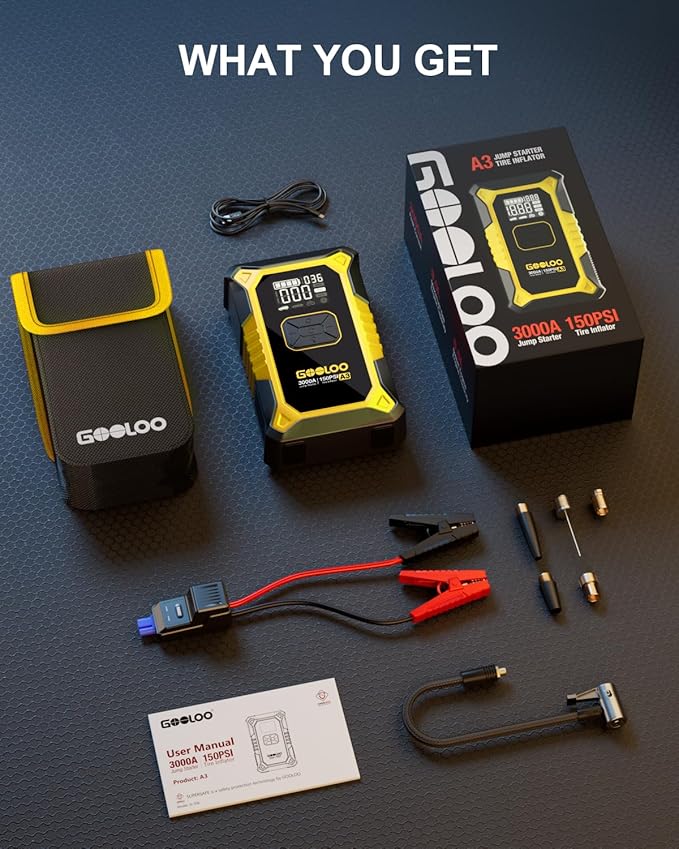 GOOLOO A3 Jump Starter with Air Compressor, 3000A Portable Car Battery Jumper Starter (9.0L Gas/6.5L Diesel) with