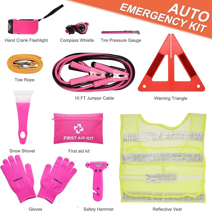 THINKWORK Car Emergency Kit for Teen Girl and Lady's Gifts, Pink Emergency Roadside Assistance kit with 10FT Jumper, First Ai