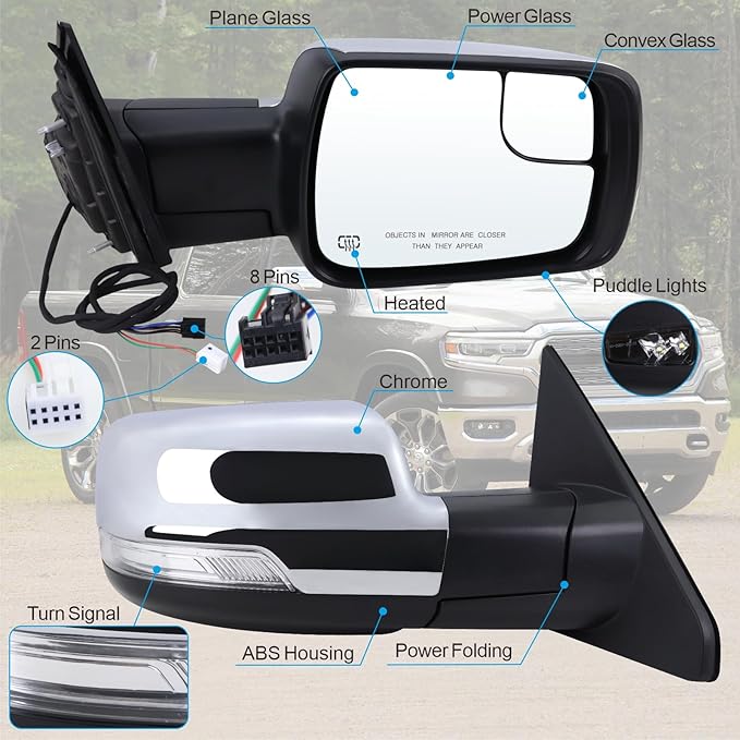Right Passenger Side Mirror Compatible With 2019 2020 2021 2022 2023 2024 2025 2026 Ram 1500 With Power Folding Power Glass Heated Turn Signal Puddle Light Chrome Replace#68276500AH(8+2Pins)