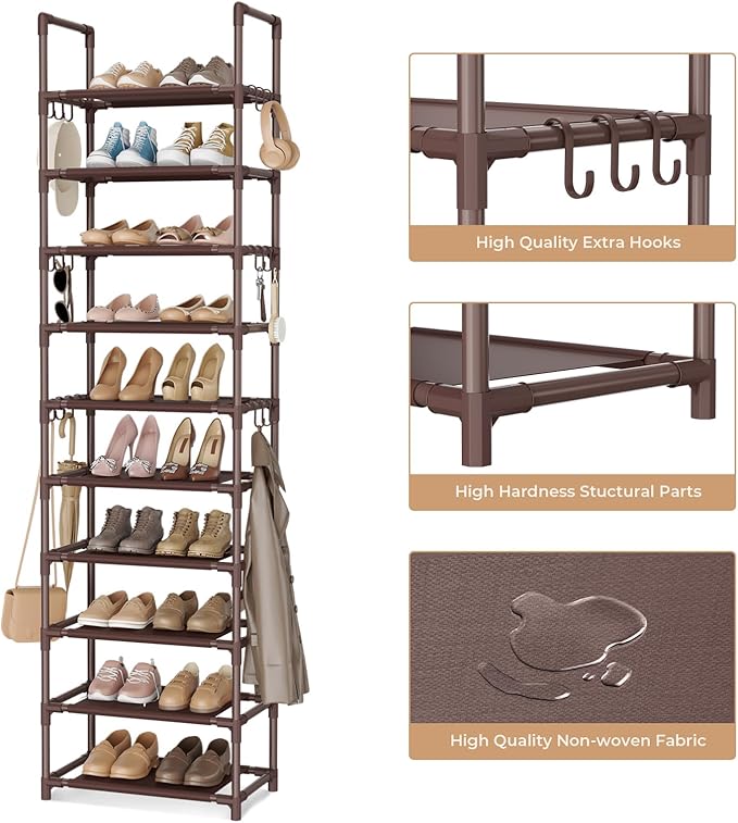 VTRIN 10 Tiers Tall Shoe Rack Holds 20-25 Pairs of Shoes Sturdy Vertical Shoe Organizer with 18pcs Hooks Stackable Narrow Sho