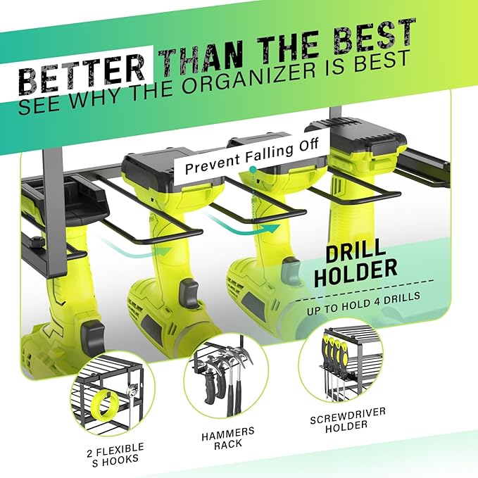 SUNALLY Power Tool Organizer, Heavy Duty Iron, 3 Layers Storage Rack with 4 Drill Holders, Floating Tool Shelf Wall Mounted, 