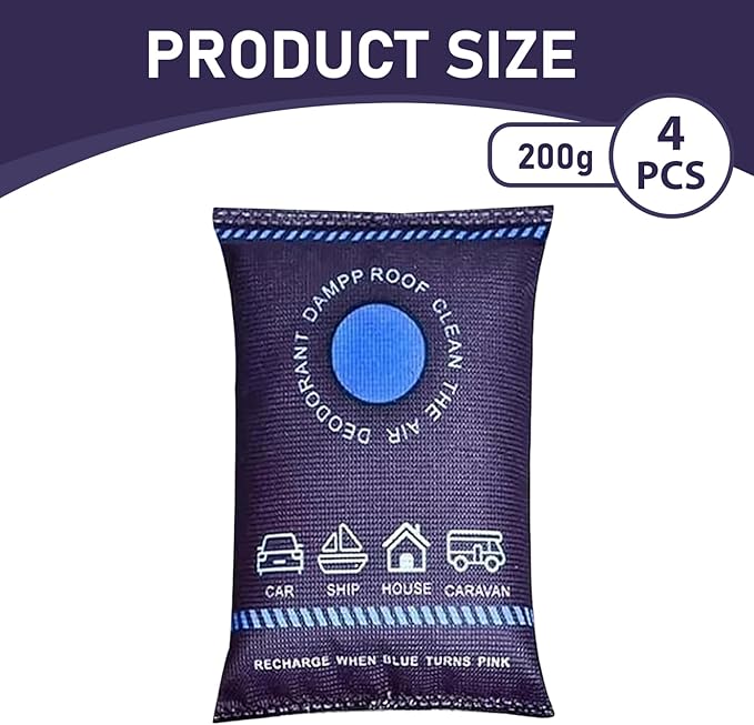 Humidity Bags, 4 Pack Dehumidifier Bags, 200g Reusable Humidity Absorber Portable Anti Fog Car Dehumidifier for Vehicle, New 