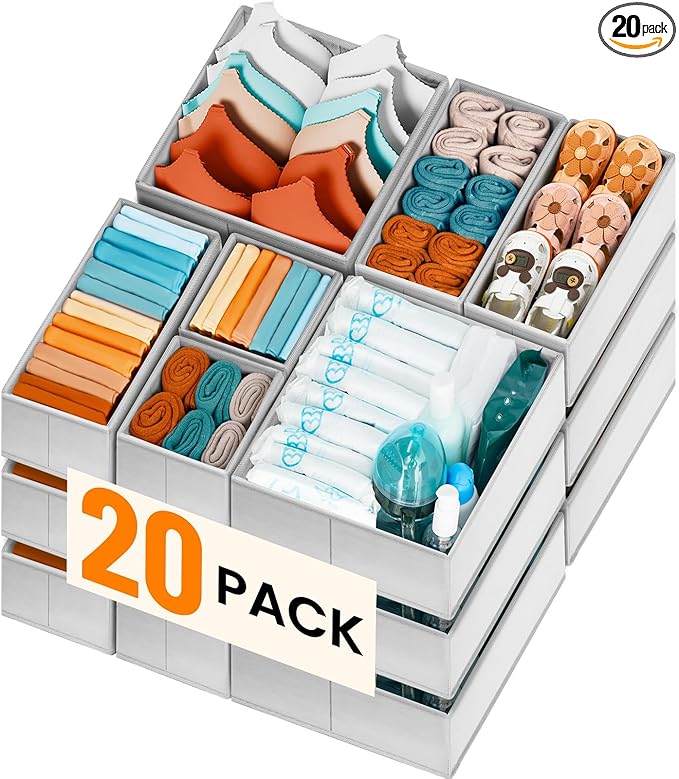 【FAMILY PACK】Drawer Organizer Clothes, 20 Pack Dresser Organizer Bins for Baby Clothes - Underwear Bra Sock Organizer - Fabri