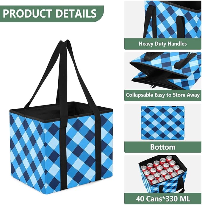 Blue Checkered Reusable Grocery Bags Large Shopping Tote Bag with Reinforced Bottom Board, Water Resistant Foldable Storage B