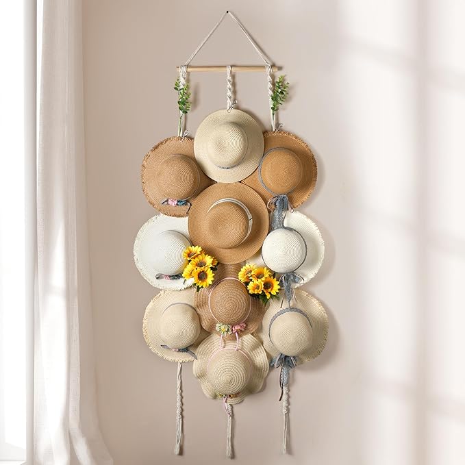 Macrame Hat Hangers for Wall Wide Brimmed Hat Holder Storage 10 Clips Hat Rack Organizer for Wall Display Boho Decor for Fedo