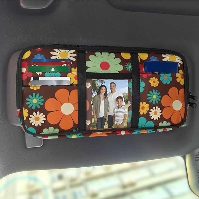 Car Sun Visor Storage Bag,Hippie Flower Design Car Accessories with Zipper Visor Storage Pouch Tactical Panel Adjustable Straps for SUV Truck