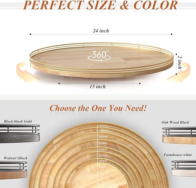 24 Inch Extra Large Lazy Susan Turntable - Premium Solid Oak Wood & Iron | Rustic Farmhouse Rotating Tray for Dining Table, K