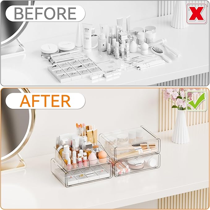 Yieach 4 Tier Clear Acrylic Makeup Organizers with Drawers,Tiered Countertop Make up Storage Organizer for Dresser Top and Ba