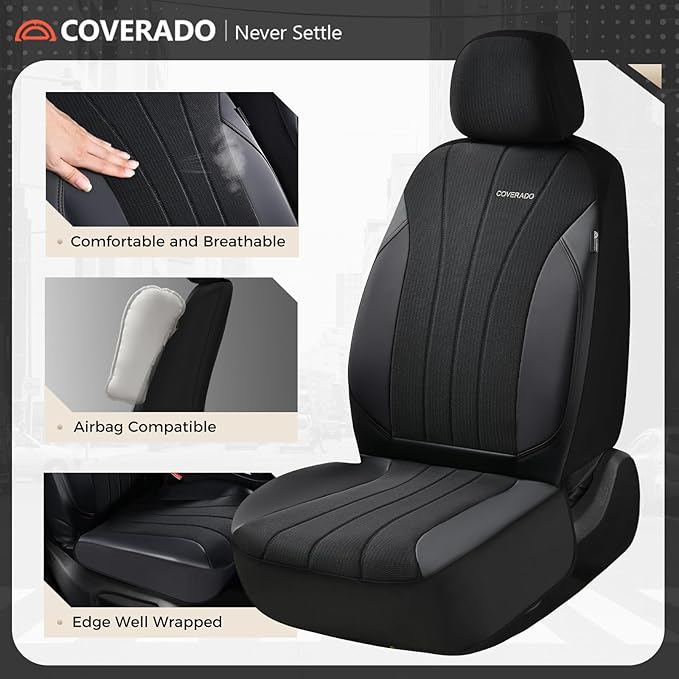 Coverado Car Seat Covers Front Seats, Auto Seat Covers Full Set, Mesh Breathable Seat Protectors, 2 Seats Black Automotive Se