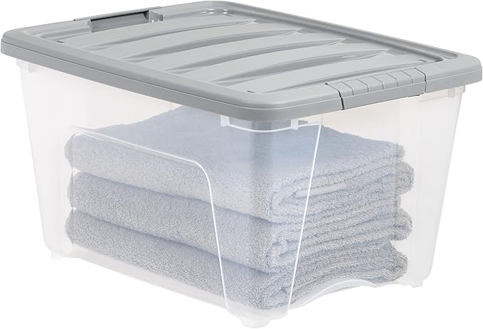 Amazon Basics Plastic Storage Containers with Secure Latching Lids, Stackable Organization Bins, Clear/Grey, 32 Quart, Set of