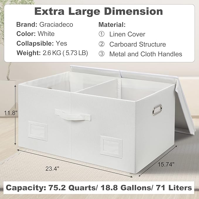 Graciadeco 75 Quarts Extra Large Decorative Storage Bins with Lids, 1 Pack White Collapsible Storage Bins with Lids, Stackabl