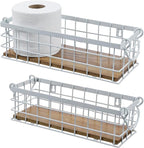 MyGift 13 and 12 Inch Nesting Storage Baskets with Handles, Wall Mounted or Tabletop White Metal Wire and Premium Acacia Wood