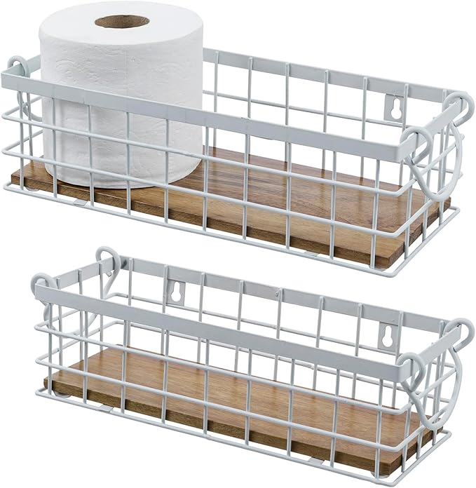 MyGift 13 and 12 Inch Nesting Storage Baskets with Handles, Wall Mounted or Tabletop White Metal Wire and Premium Acacia Wood