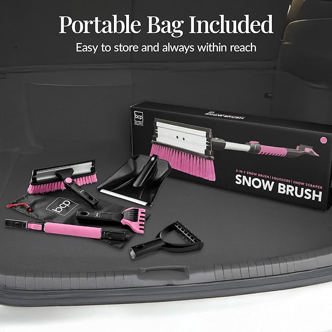 Best Choice Products 4 in 1 Snow Brush with Shovel, Squeegee & Ice Scraper, Up to 39" Extendable Foam Grip, 270° Pivoting Snow Brush for Car Truck SUV, Storage Bag Included - Pink