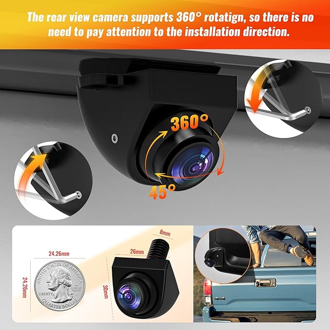 AHD 1080P Universal Backup Camera - 360° Rotatable Lens & Parking Sensor,IP69K Waterproof with Night Vision & 170° Wide View 