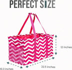 Extra Large Utility Tote Bag, Oversized Collapsible Reusable Wire Frame Rectangular Canvas Basket With Two Exterior Pockets For Beach, Pool, Laundry, Car Trunk, Storage - Chevron Pink