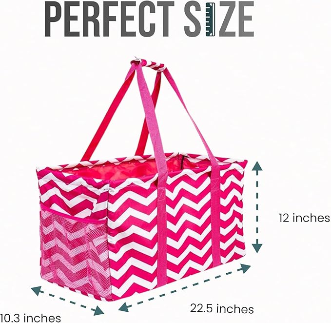 Extra Large Utility Tote Bag, Oversized Collapsible Reusable Wire Frame Rectangular Canvas Basket With Two Exterior Pockets For Beach, Pool, Laundry, Car Trunk, Storage - Chevron Pink