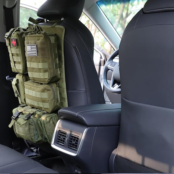 tactical car seat back organizer and storage truck seat covers with a Molle Vehicle Panel and 5 Different Size Molle Pouches for most models such as Jeep,SUV,Pickup (Army green)